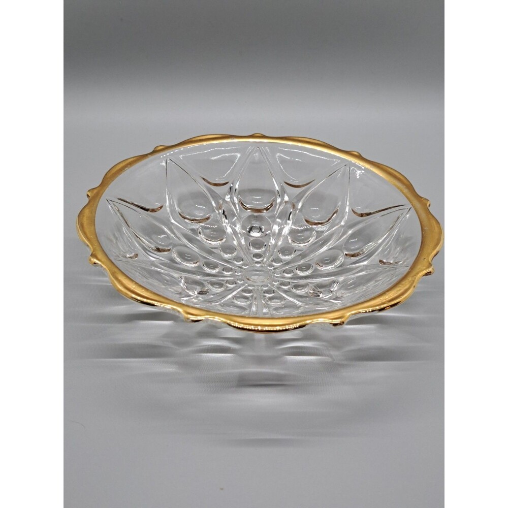 Vintage Clear Pressed Glass Candy Dish Gold Gilt Rim Footed Serving Bowl 7"